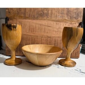 Hand Turned Wooden Goblets Pair and Segmented Wood Bowl Rustic Farmhouse Set